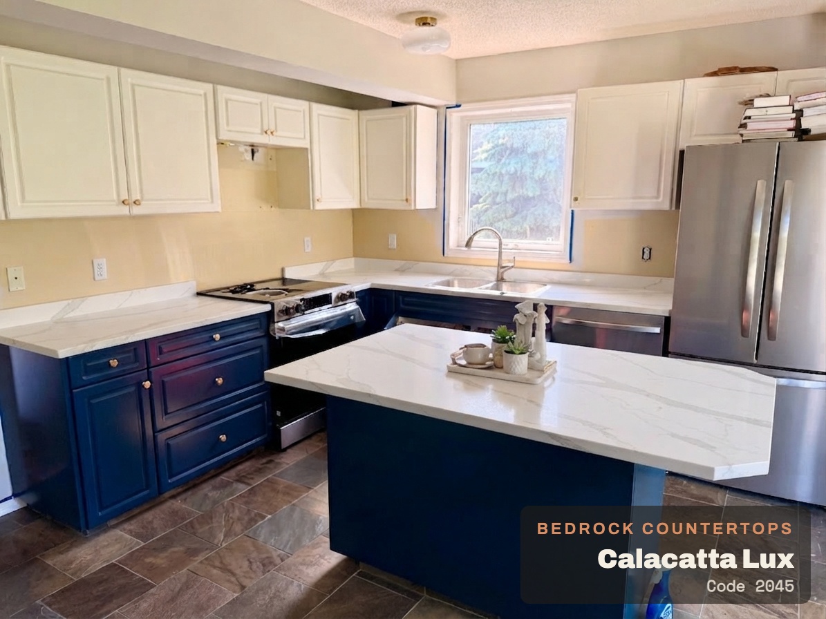 The same Calgary kitchen with new white Calacatta quartz countertops