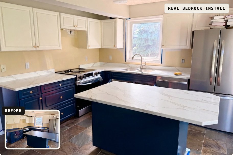 Real Bedrock quartz install in a Calgary kitchen with the before photo shown inset